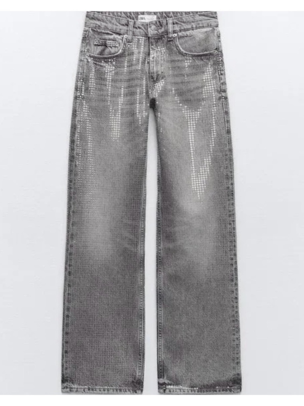 Zara Gray Silver Sequin Embellished Wide Leg Jeans US 8 EUR 40